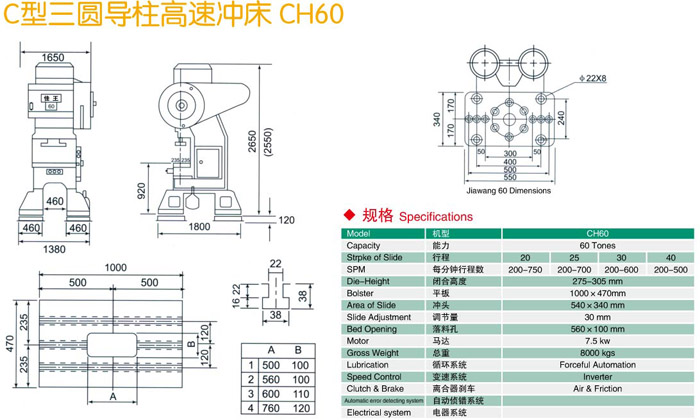 C型三圓導柱沖床CH60參數(shù)及規(guī)格